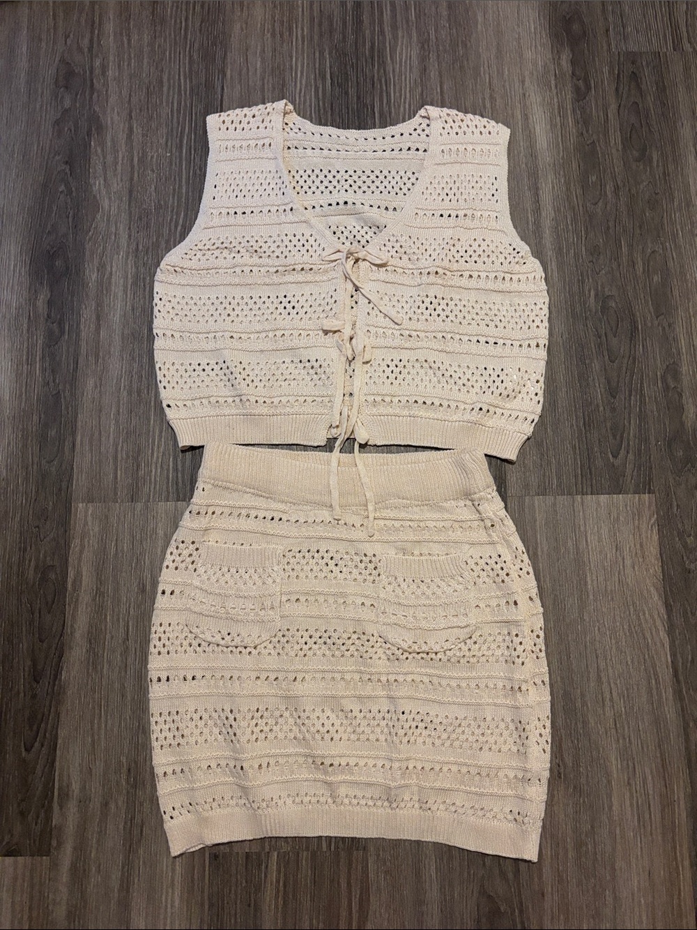 Cream Crochet Knit Two-Piece Dress Set - Sleeveless Top & Skirt